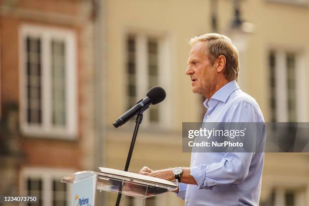 Former President of the European Council and chairman of the European People's Party Donald Tusk speaking to the crowd is seen in Gdansk, Poland on...