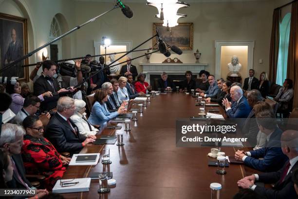 President Joe Biden speaks at the start of a Cabinet meeting in the Cabinet Room of the White House on July 20, 2021 in Washington, DC. Six months...