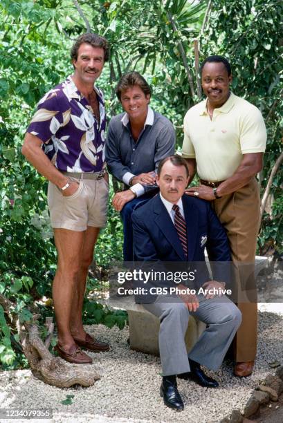 Pictured from left is Tom Selleck , Larry Minetti , John Hillerman , Roger E. Mosley in the CBS television show, MAGNUM P.I.