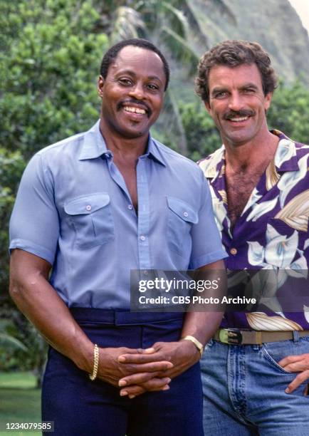 Pictured from left is Roger E. Mosley , Tom Selleck in the CBS television show, MAGNUM P.I.