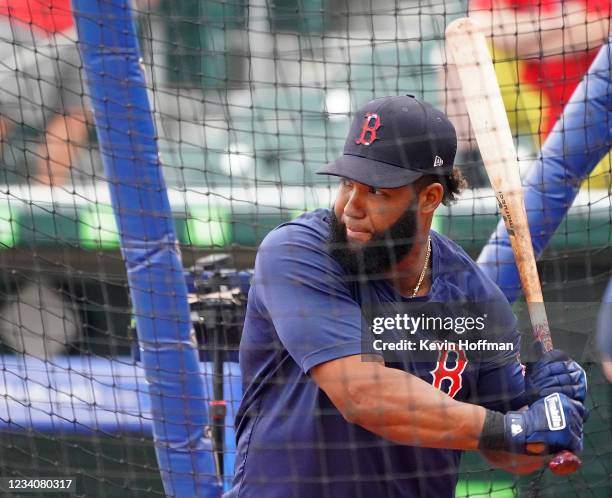 Danny Santana of the Boston Red Sox takes batting practice before the game against the Toronto Blue Jays at Sahlen Field on July 20, 2021 in Buffalo,...