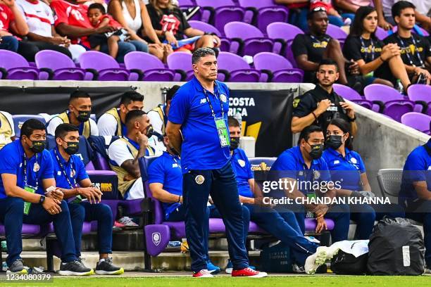 Costa Rica's head coach Luis Suarez looks on during the Concacaf Gold Cup football match between Costa Rica and Jamaica at Exploria Stadium in...