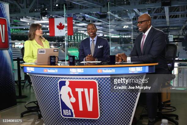 Analysts, Kristen Ledlow, Isiah Thomas, and Brendan Haywood commentate during Game Six of the 2021 NBA Finals on July 20, 2021 at Fiserv Forum in...