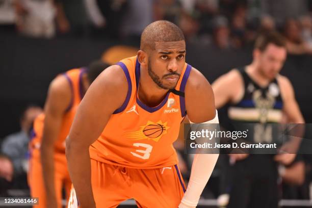 Chris Paul of the Phoenix Suns looks on during Game Six of the 2021 NBA Finals on July 20, 2021 at Fiserv Forum in Milwaukee, Wisconsin. NOTE TO...