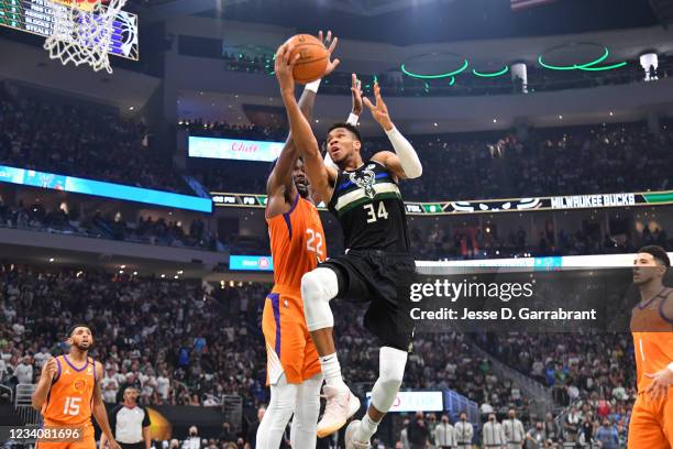 Giannis Antetokounmpo of the Milwaukee Bucks shoots the ball against the Phoenix Suns during Game Six of the 2021 NBA Finals on July 20, 2021 at...