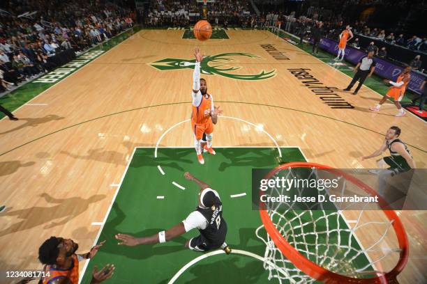 Jae Crowder of the Phoenix Suns shoots the ball against the Milwaukee Bucks during Game Six of the 2021 NBA Finals on July 20, 2021 at Fiserv Forum...