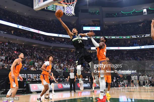 Giannis Antetokounmpo of the Milwaukee Bucks shoots the ball against the Phoenix Suns during Game Six of the 2021 NBA Finals on July 20, 2021 at...