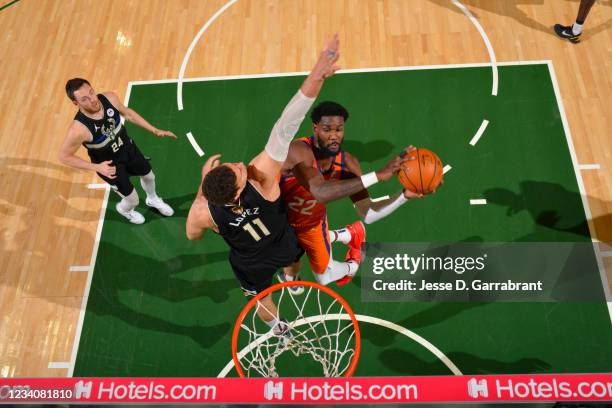 Deandre Ayton of the Phoenix Suns shoots the ball against the Milwaukee Bucks during Game Six of the 2021 NBA Finals on July 20, 2021 at Fiserv Forum...