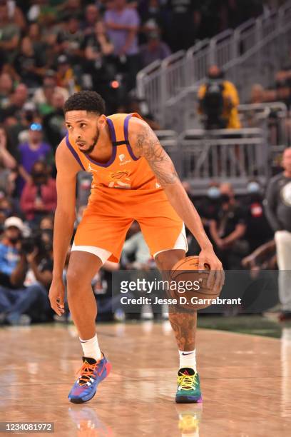 Cameron Payne of the Phoenix Suns handles the ball against the Milwaukee Bucks during Game Six of the 2021 NBA Finals on July 20, 2021 at Fiserv...