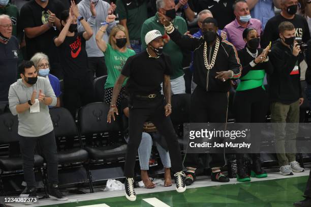 Former Milwaukee Bucks player, Brandon Jennings cheers during Game Six of the 2021 NBA Finals on July 20, 2021 at Fiserv Forum in Milwaukee,...