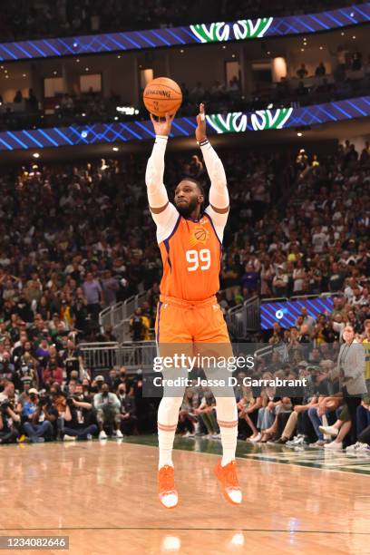 Jae Crowder of the Phoenix Suns shoots a three-pointer against the Milwaukee Bucks during Game Six of the 2021 NBA Finals on July 20, 2021 at Fiserv...