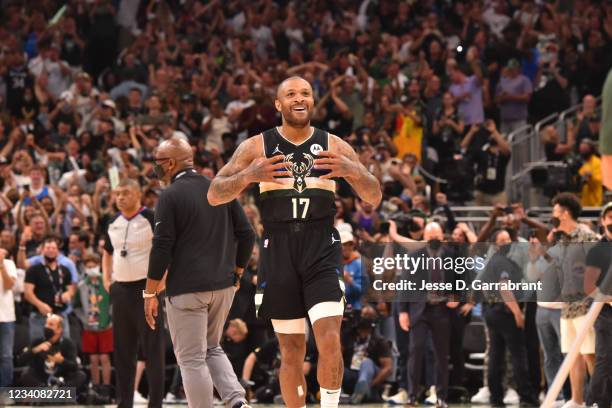 Tucker of the Milwaukee Bucks smiles during Game Six of the 2021 NBA Finals on July 20, 2021 at Fiserv Forum in Milwaukee, Wisconsin. NOTE TO USER:...