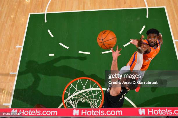 Deandre Ayton of the Phoenix Suns shoots the ball against the Milwaukee Bucks during Game Six of the 2021 NBA Finals on July 20, 2021 at Fiserv Forum...