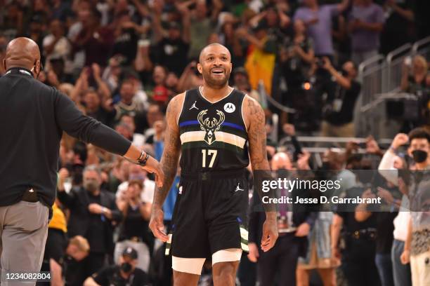 Tucker of the Milwaukee Bucks smiles during Game Six of the 2021 NBA Finals on July 20, 2021 at Fiserv Forum in Milwaukee, Wisconsin. NOTE TO USER:...