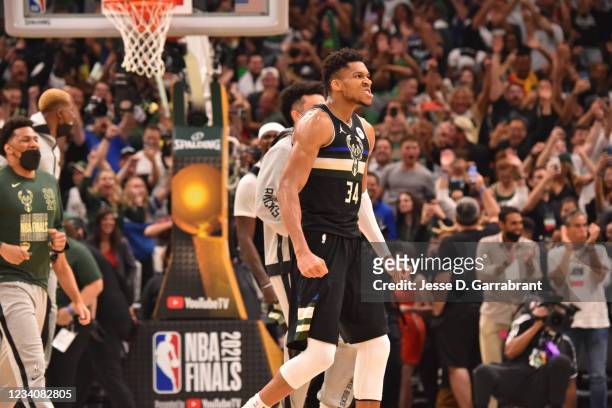 Giannis Antetokounmpo of the Milwaukee Bucks reacts during Game Six of the 2021 NBA Finals on July 20, 2021 at Fiserv Forum in Milwaukee, Wisconsin....