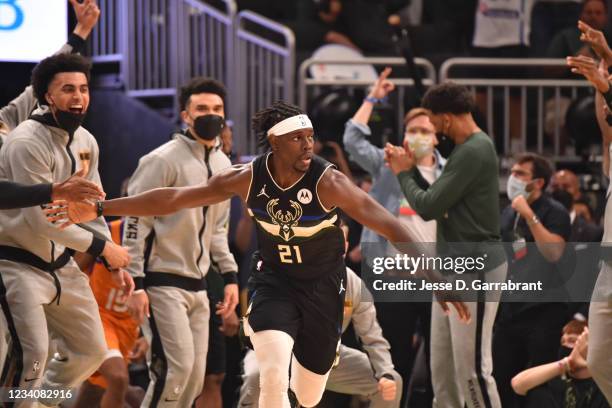 Jrue Holiday of the Milwaukee Bucks runs on during Game Six of the 2021 NBA Finals on July 20, 2021 at Fiserv Forum in Milwaukee, Wisconsin. NOTE TO...