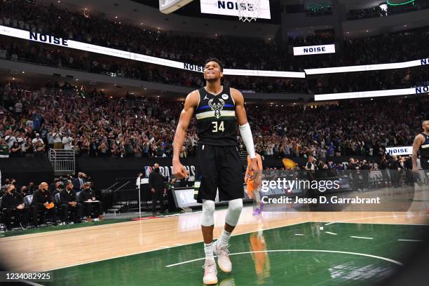 Giannis Antetokounmpo of the Milwaukee Bucks reacts during Game Six of the 2021 NBA Finals on July 20, 2021 at Fiserv Forum in Milwaukee, Wisconsin....