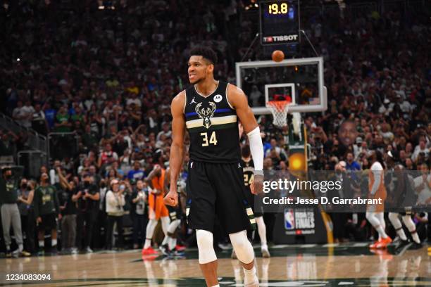 Giannis Antetokounmpo of the Milwaukee Bucks reacts during Game Six of the 2021 NBA Finals on July 20, 2021 at Fiserv Forum in Milwaukee, Wisconsin....