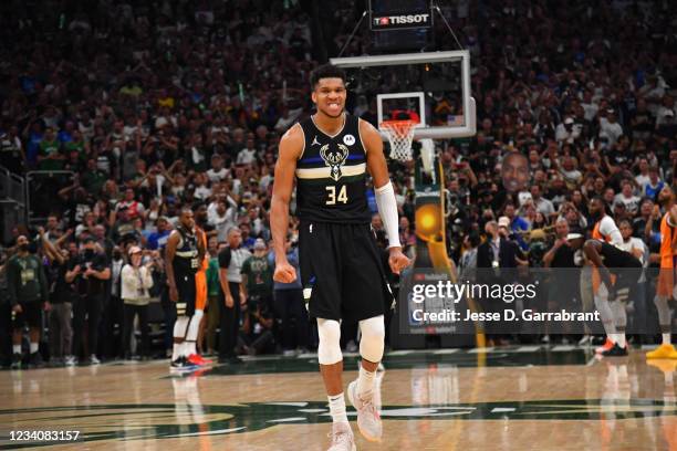 Giannis Antetokounmpo of the Milwaukee Bucks reacts during Game Six of the 2021 NBA Finals on July 20, 2021 at Fiserv Forum in Milwaukee, Wisconsin....