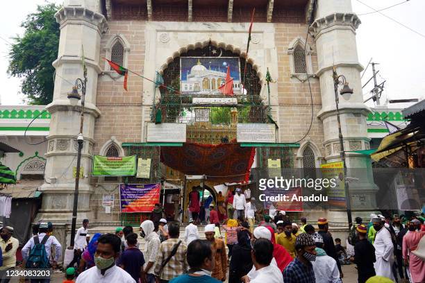 People gather outside Ajmer Sharif Dargah on the occasion of Eid al-Adha in Ajmer, Rajasthan, India on 21 July 2021.
