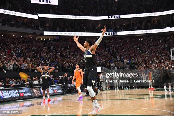 Giannis Antetokounmpo of the Milwaukee Bucks reacts during Game Six of the 2021 NBA Finals on July 20, 2021 at Fiserv Forum in Milwaukee, Wisconsin....