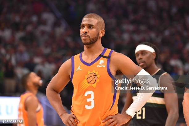 Chris Paul of the Phoenix Suns looks on during Game Six of the 2021 NBA Finals on July 20, 2021 at Fiserv Forum in Milwaukee, Wisconsin. NOTE TO...