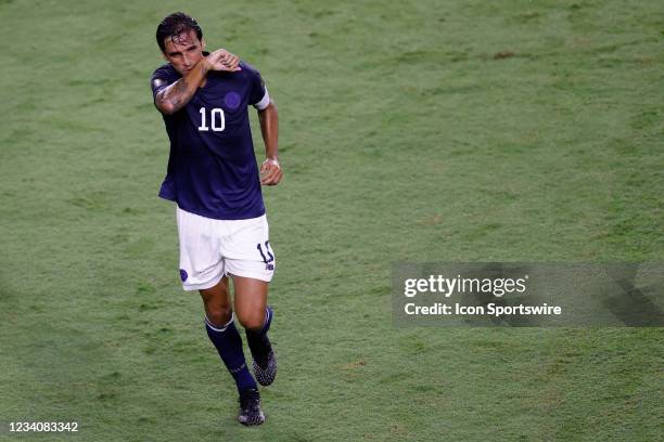 Costa Rica midfielder Bryan Ruiz celebrates a goal during the Concacaf Gold Cup match between Costa Rica and Jamaica on July 20, 2021 at Exploria...