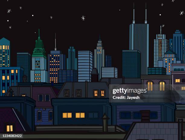 night cityscape hand drawn illustration & design horizontal design - generic location stock illustrations