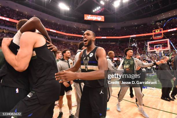 Khris Middleton of the Milwaukee Bucks reacts after winning Game Six of the 2021 NBA Finals against the Phoenix Suns on July 20, 2021 at Fiserv Forum...