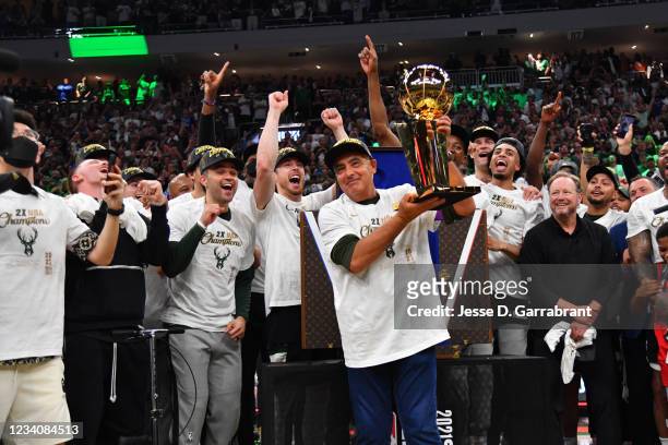 Milwaukee Bucks Owner, Marc Lasry holds up the Larry O'Brien trophy after winning Game Six of the 2021 NBA Finals against the Phoenix Suns on July...