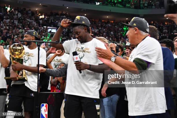 Jrue Holiday of the Milwaukee Bucks reacts after winning Game Six of the 2021 NBA Finals against the Phoenix Suns on July 20, 2021 at Fiserv Forum in...