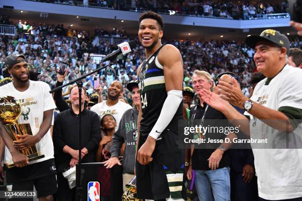 Giannis Antetokounmpo of the Milwaukee Bucks reacts after winning Game Six of the 2021 NBA Finals against the Phoenix Suns on July 20, 2021 at Fiserv...