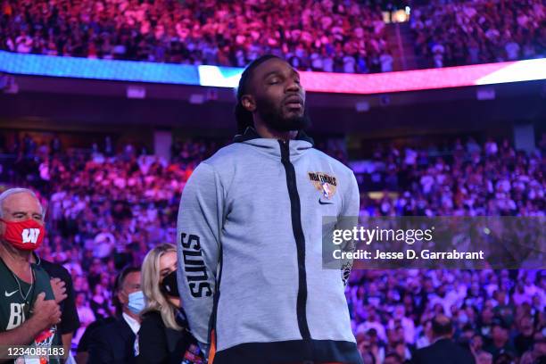 Jae Crowder of the Phoenix Suns seen during the National Anthem before Game Six of the 2021 NBA Finals on July 20, 2021 at Fiserv Forum in Milwaukee,...