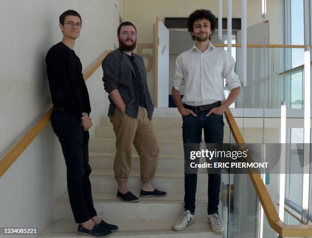 French cultivated meat start-up Gourmey co-founders Nicolas Morin-Forest , Victor Sayous and Antoine Davydoff pose in Paris on July 19, 2021.
