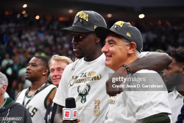 Jrue Holiday of the Milwaukee Bucks reacts after winning Game Six of the 2021 NBA Finals against the Phoenix Suns on July 20, 2021 at Fiserv Forum in...