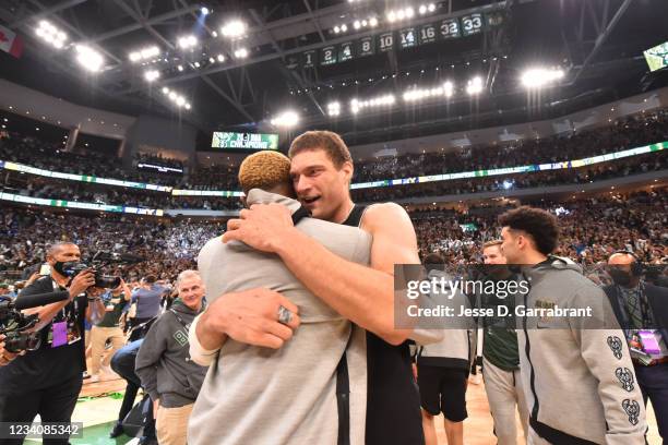 Brook Lopez of the Milwaukee Bucks reacts after winning Game Six of the 2021 NBA Finals against the Phoenix Suns on July 20, 2021 at Fiserv Forum in...