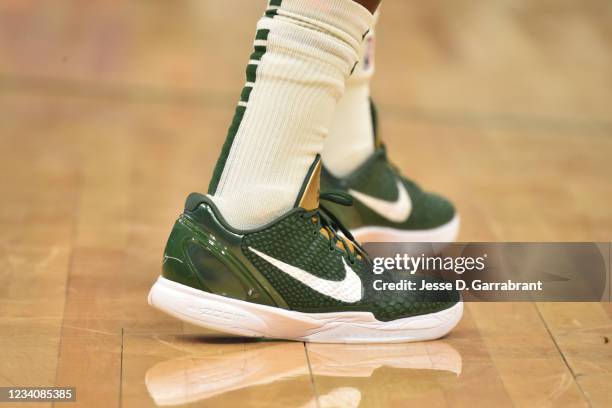 The sneakers worn by Jrue Holiday of the Milwaukee Bucks during Game Six of the 2021 NBA Finals on July 20, 2021 at Fiserv Forum in Milwaukee,...