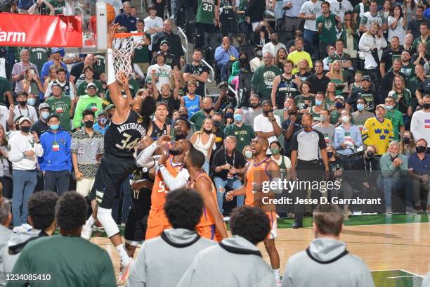 Giannis Antetokounmpo of the Milwaukee Bucks shoots the ball against the Phoenix Suns during Game Six of the 2021 NBA Finals on July 20, 2021 at...