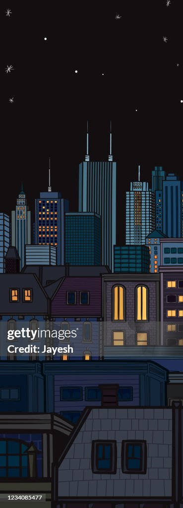NIGHT CITYSCAPE HAND DRAWN ILLUSTRATION & DESIGN VERTICAL WEB BANNER