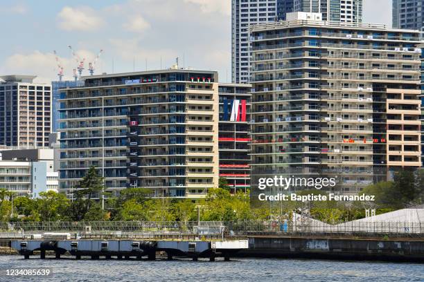 Illustration picture of the French building in the Tokyo 2020 Olympic Village ahead of the Tokyo 2020 Olympic Games on July 21, 2021 in Tokyo, Japan.