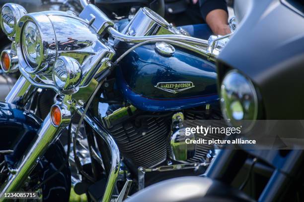 July 2021, Saxony, Dresden: The Harley-Davidson logo can be seen on the tank of a Harley during a press and photo session for the "Harley Days...