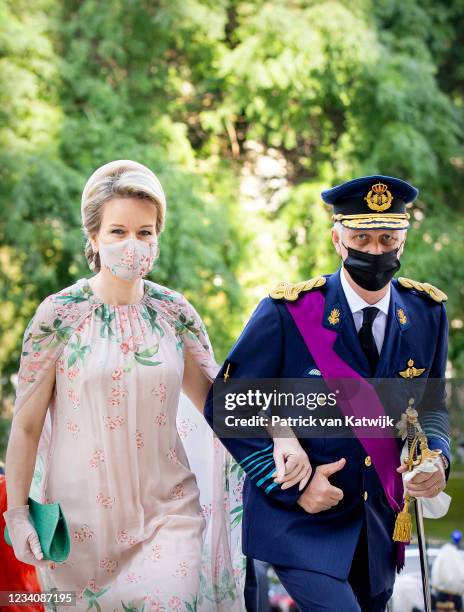 King Philippe of Belgium and Queen Mathilde of Belgium attend the Te Deum Mass at the National day in the Cathedral on July 21, 2021 in Brussels,...