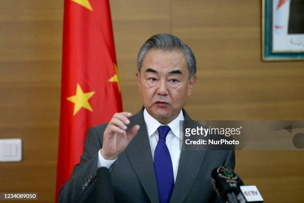 Chinese State Councilor and Foreign Minister Wang Yi during his meeting with Algerian Foreign Minister Ramtane Lamamra in Algiers, Algeria, July 19,...