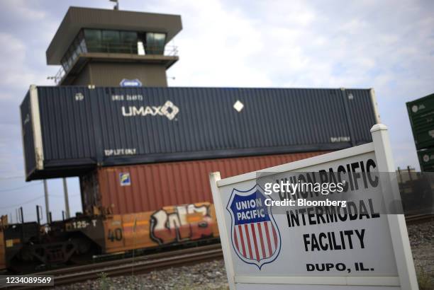 Signage at the entrance to a Union Pacific intermodal facility in Dupo, Illinois, U.S., on Thursday, July 8, 2021. Union Pacific Corp. Is scheduled...