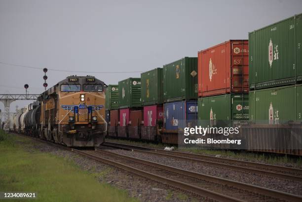 Union Pacific freight trains in Dupo, Illinois, U.S., on Thursday, July 8, 2021. Union Pacific Corp. Is scheduled to release earnings figures on July...