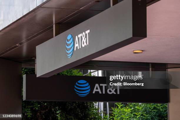 Signage at an AT&T store in San Francisco, California, U.S., on Tuesday, July 20, 2021. AT&T Inc. Is scheduled to release earnings figures on July...