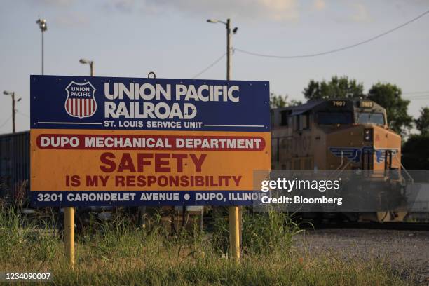 Signage at the entrance to a Union Pacific intermodal facility in Dupo, Illinois, U.S., on Thursday, July 8, 2021. Union Pacific Corp. Is scheduled...