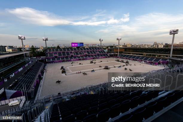 This picture shows a general view of the equestrian venue of the Tokyo 2020 Olympic Games at the equestrian Park in Tokyo on July 21, 2021.