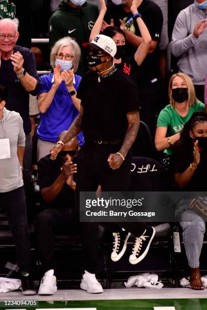 Former Milwaukee Bucks player, Brandon Jennings cheers during Game Six of the 2021 NBA Finals on July 20, 2021 at the Fiserv Forum Center in...
