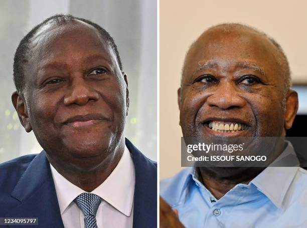 This combination of file pictures created on July 21 shows Ivory Coast's President and then presidential candidate Alassane Ouattara during an...
